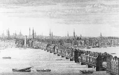 Westelijke voorzijde van de London Bridge, 1749 door Nathaniel and Samuel Buck